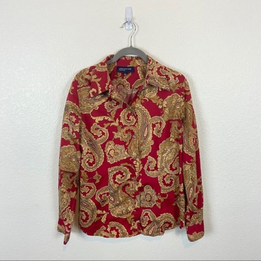Christmas Holiday Shirt Women's Jones New York Red & Gold Button Up sz L
